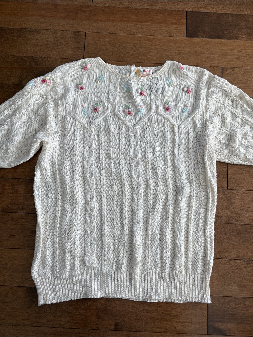 Cotton Cream Cable Knit Sweater with Pink Rose Embroidery - Granny Core